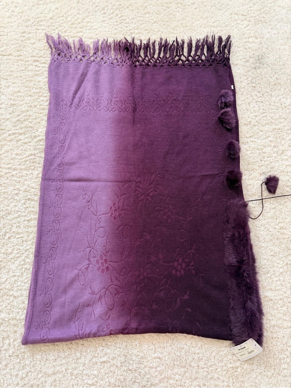 Purple Rabbit Fur Shawl Wrap • New with Tags • Floral Embroidery • One Size